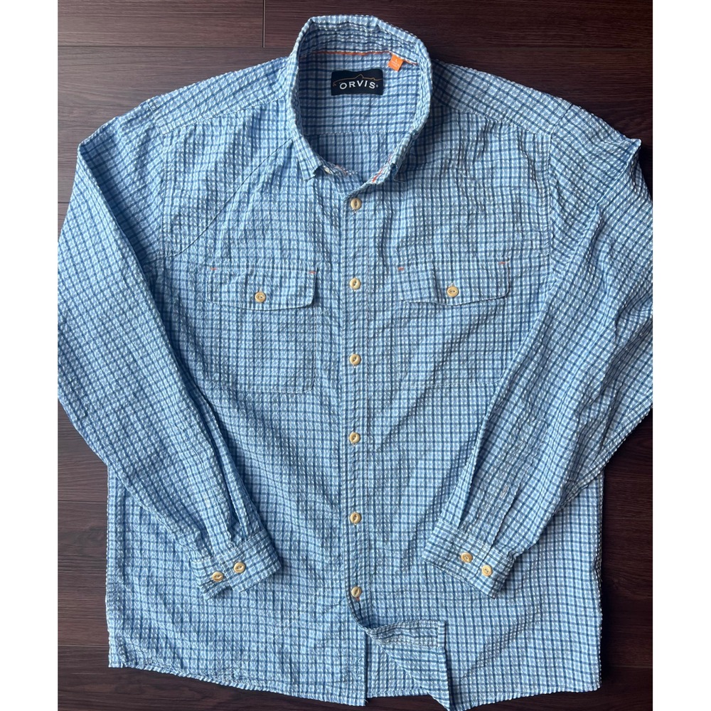Orvis Mens Blue Gingham Plaid Seersucker Button Down Shirt Roll Tab Sleeve L